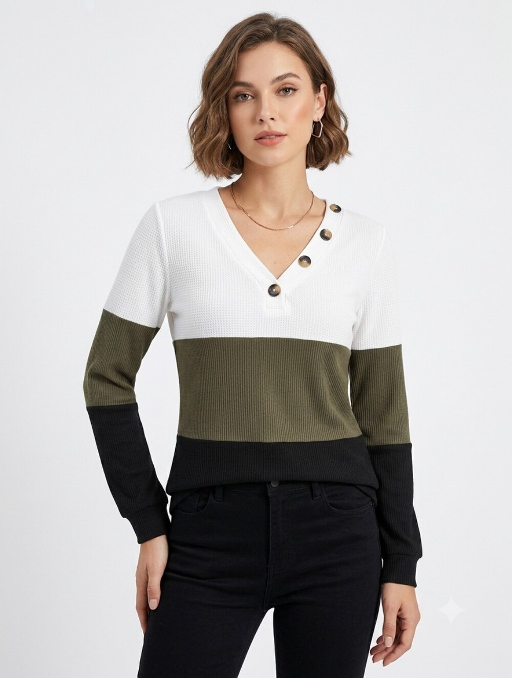 SHEIN White Olive Black Colorblock Long Sleeve Thermal Top with Button V-Neck M